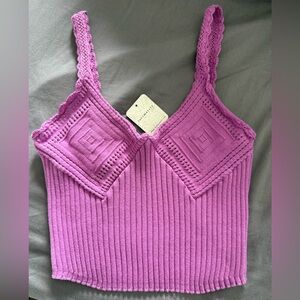 Crochet-Trim Ribbed Knit Cami Tank Top - Lavender Pink